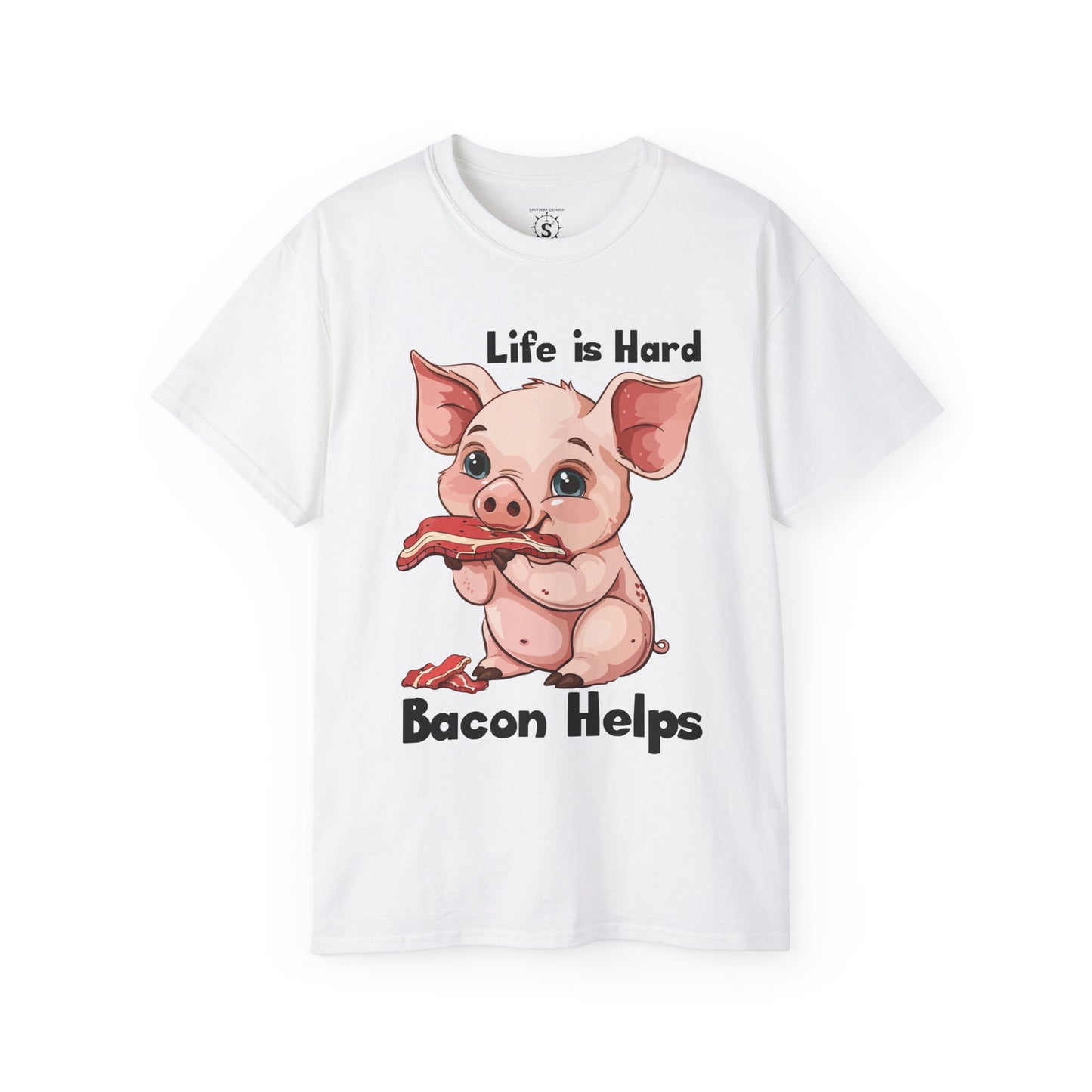 T-Shirt - Pig Eating Bacon: Life is Hard, Bacon Helps - Unisex Cotton Shirt