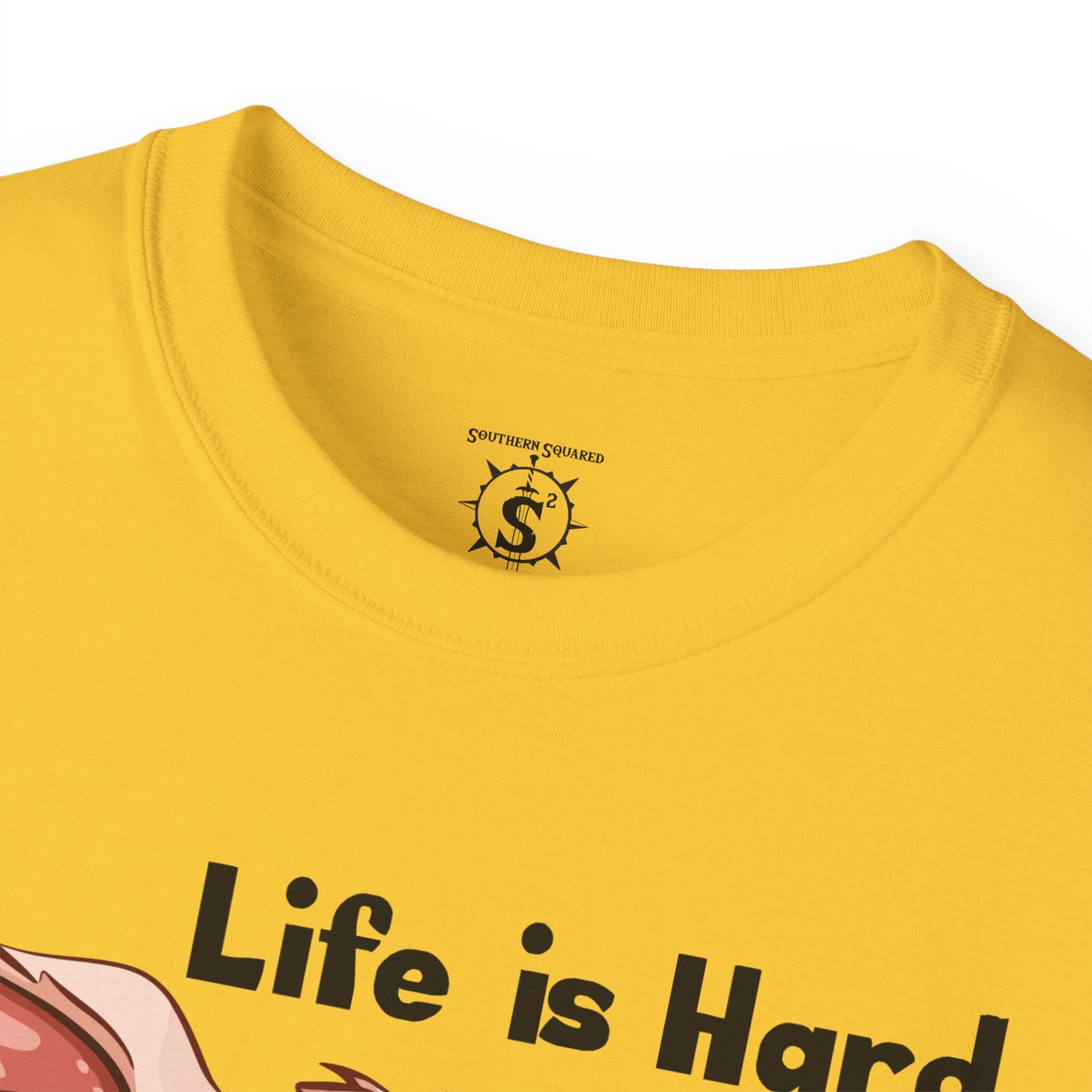 T-Shirt - Pig Eating Bacon: Life is Hard, Bacon Helps - Unisex Cotton Shirt
