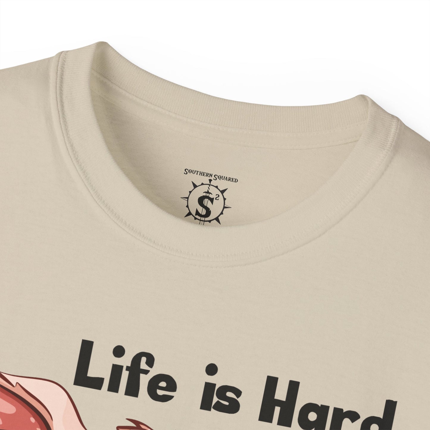T-Shirt - Pig Eating Bacon: Life is Hard, Bacon Helps - Unisex Cotton Shirt