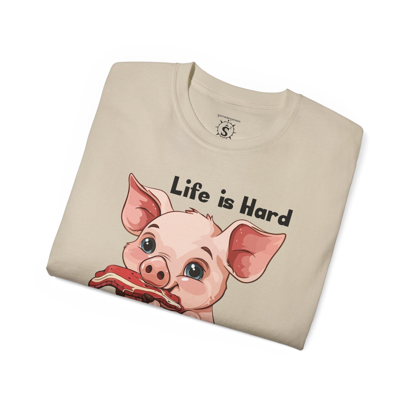 T-Shirt - Pig Eating Bacon: Life is Hard, Bacon Helps - Unisex Cotton Shirt