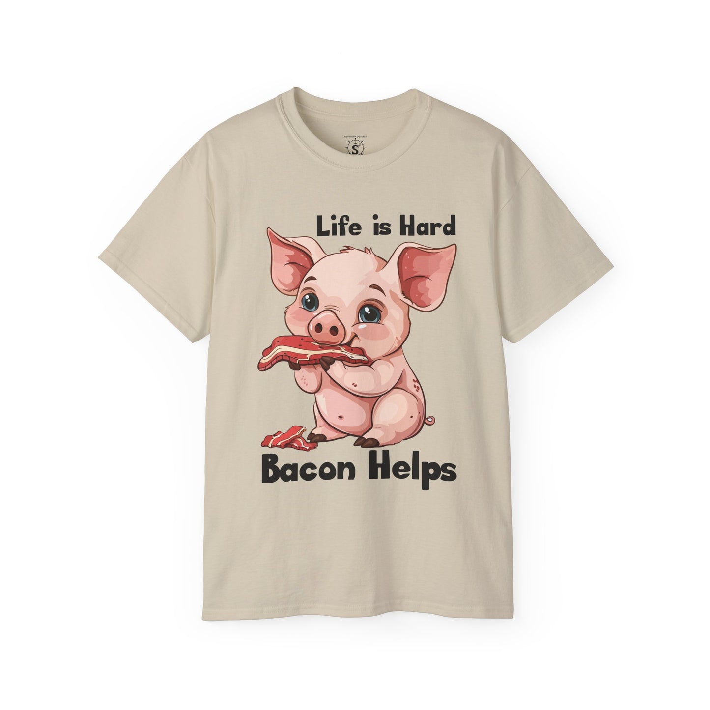 T-Shirt - Pig Eating Bacon: Life is Hard, Bacon Helps - Unisex Cotton Shirt