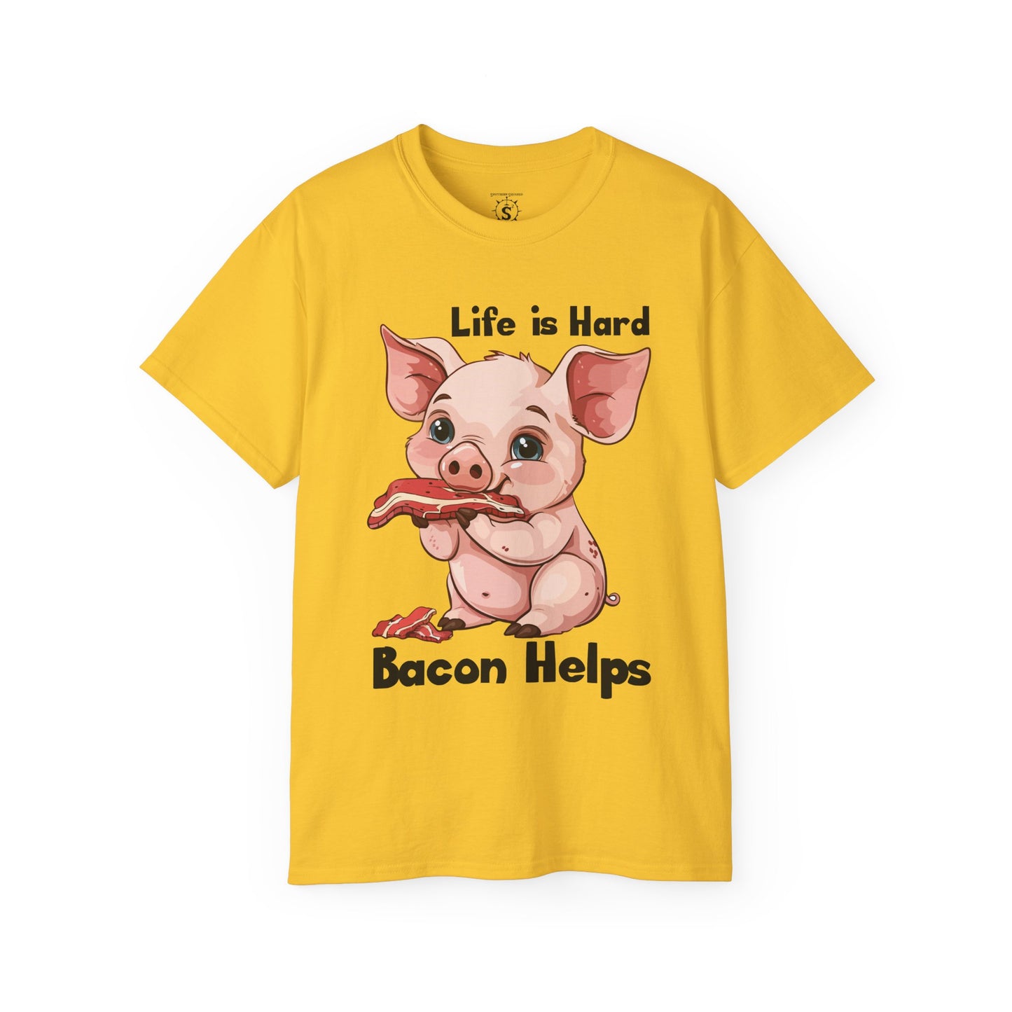 T-Shirt - Pig Eating Bacon: Life is Hard, Bacon Helps - Unisex Cotton Shirt