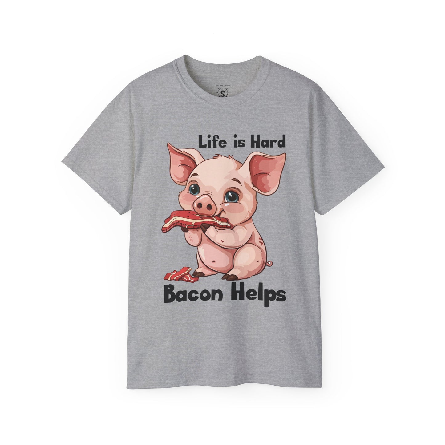 T-Shirt - Pig Eating Bacon: Life is Hard, Bacon Helps - Unisex Cotton Shirt