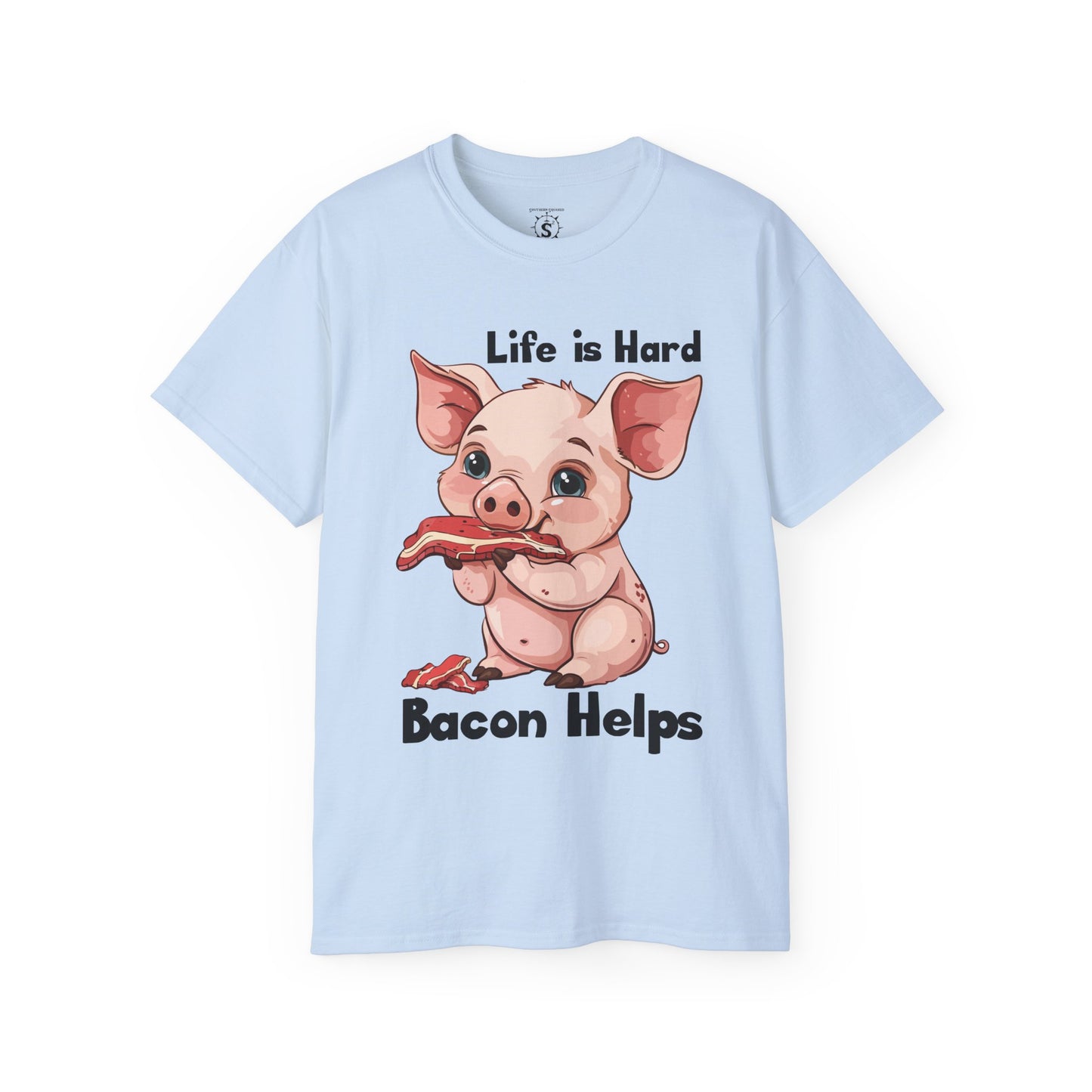 T-Shirt - Pig Eating Bacon: Life is Hard, Bacon Helps - Unisex Cotton Shirt