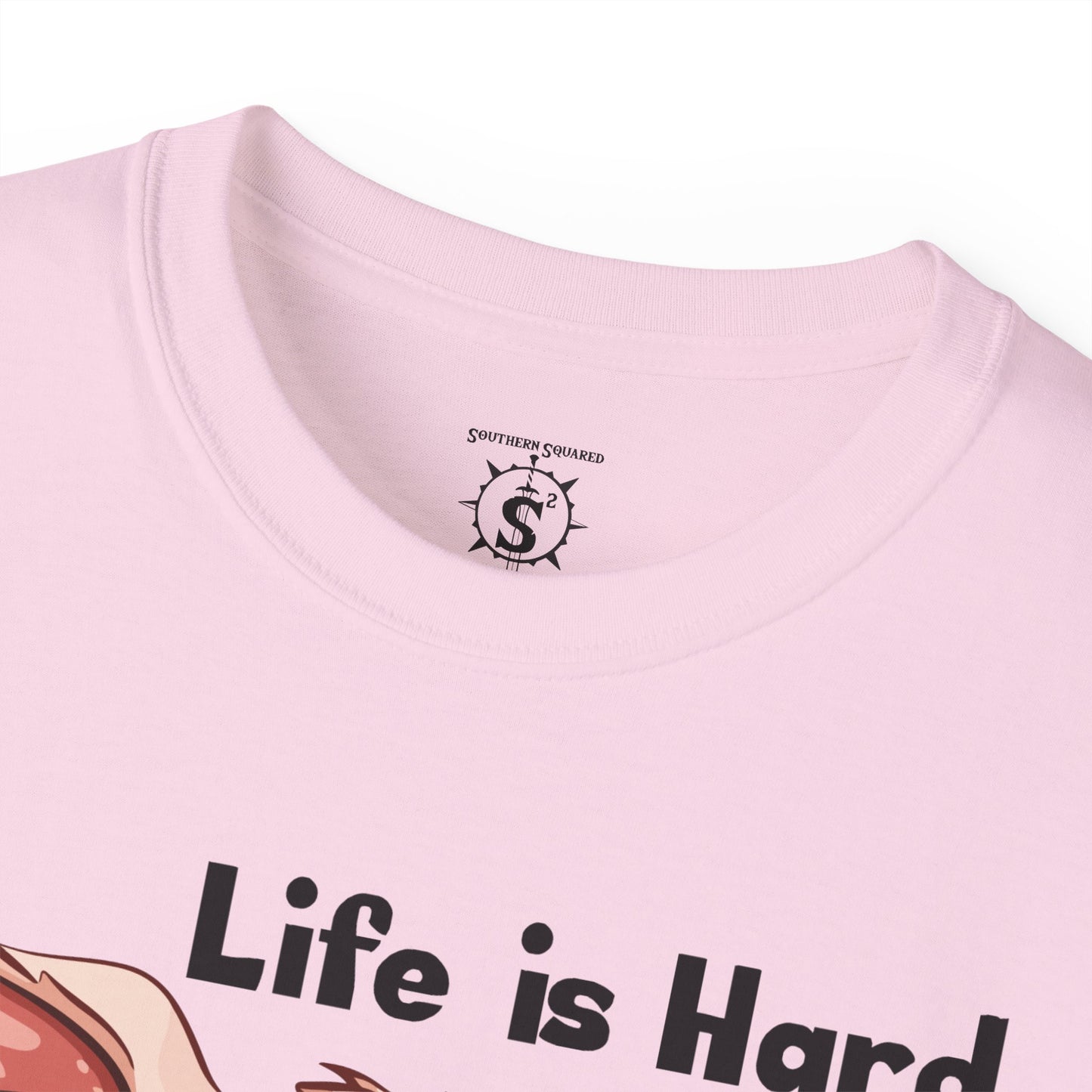 T-Shirt - Pig Eating Bacon: Life is Hard, Bacon Helps - Unisex Cotton Shirt