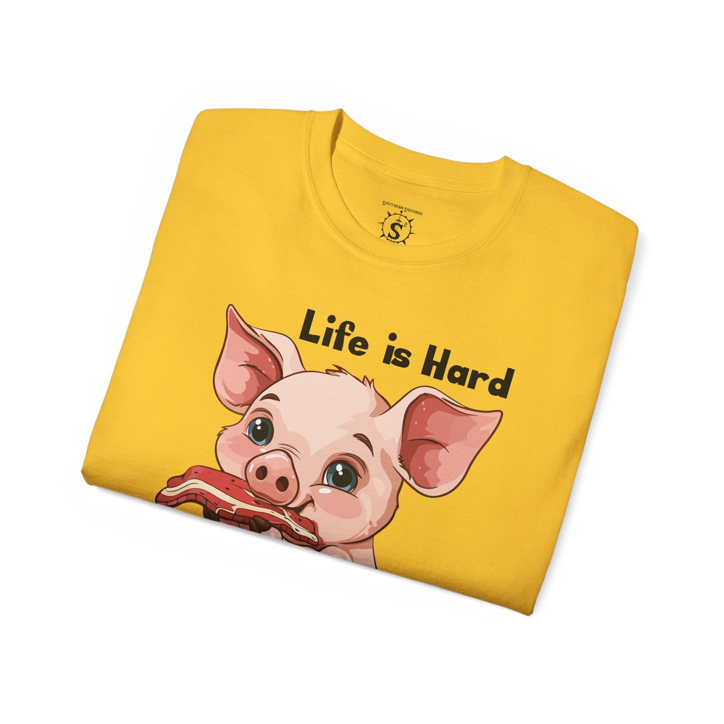T-Shirt - Pig Eating Bacon: Life is Hard, Bacon Helps - Unisex Cotton Shirt