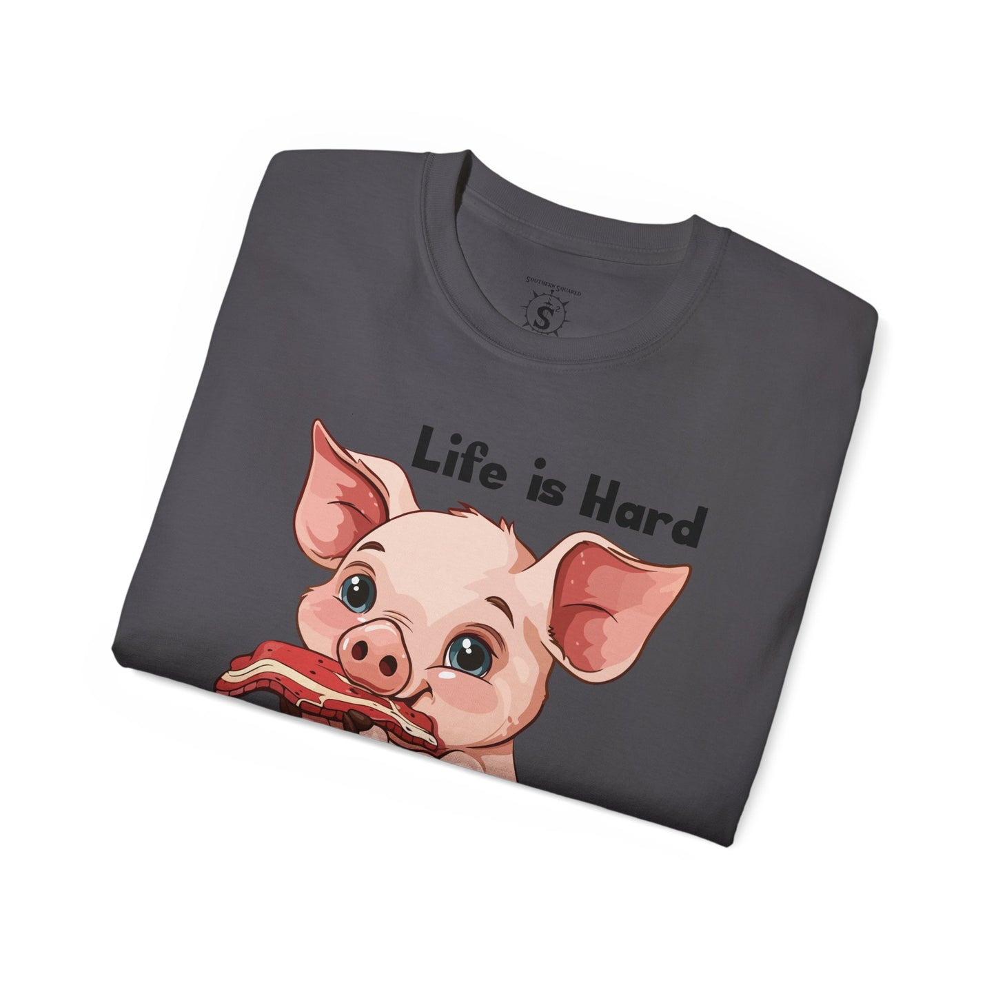 T-Shirt - Pig Eating Bacon: Life is Hard, Bacon Helps - Unisex Cotton Shirt