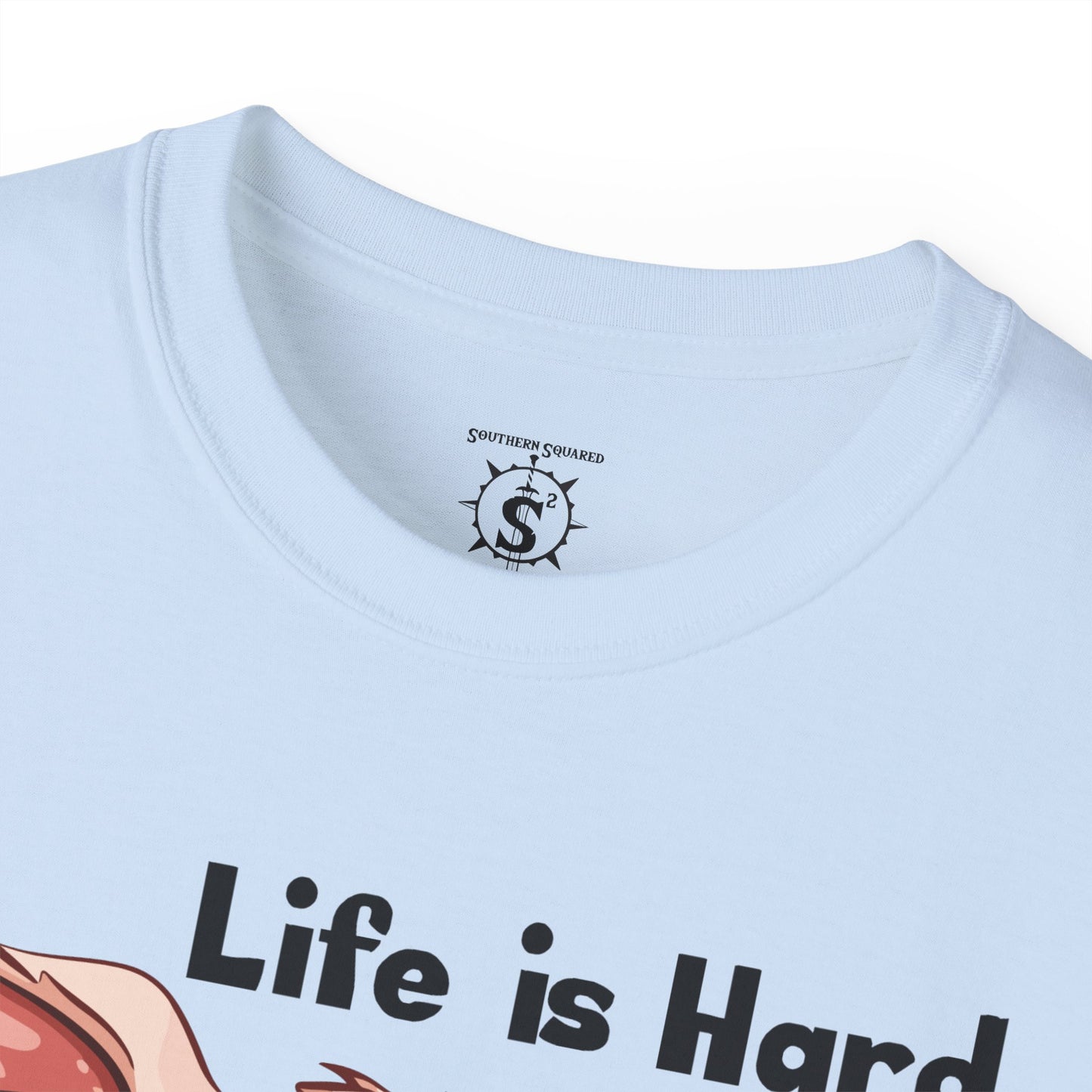 T-Shirt - Pig Eating Bacon: Life is Hard, Bacon Helps - Unisex Cotton Shirt