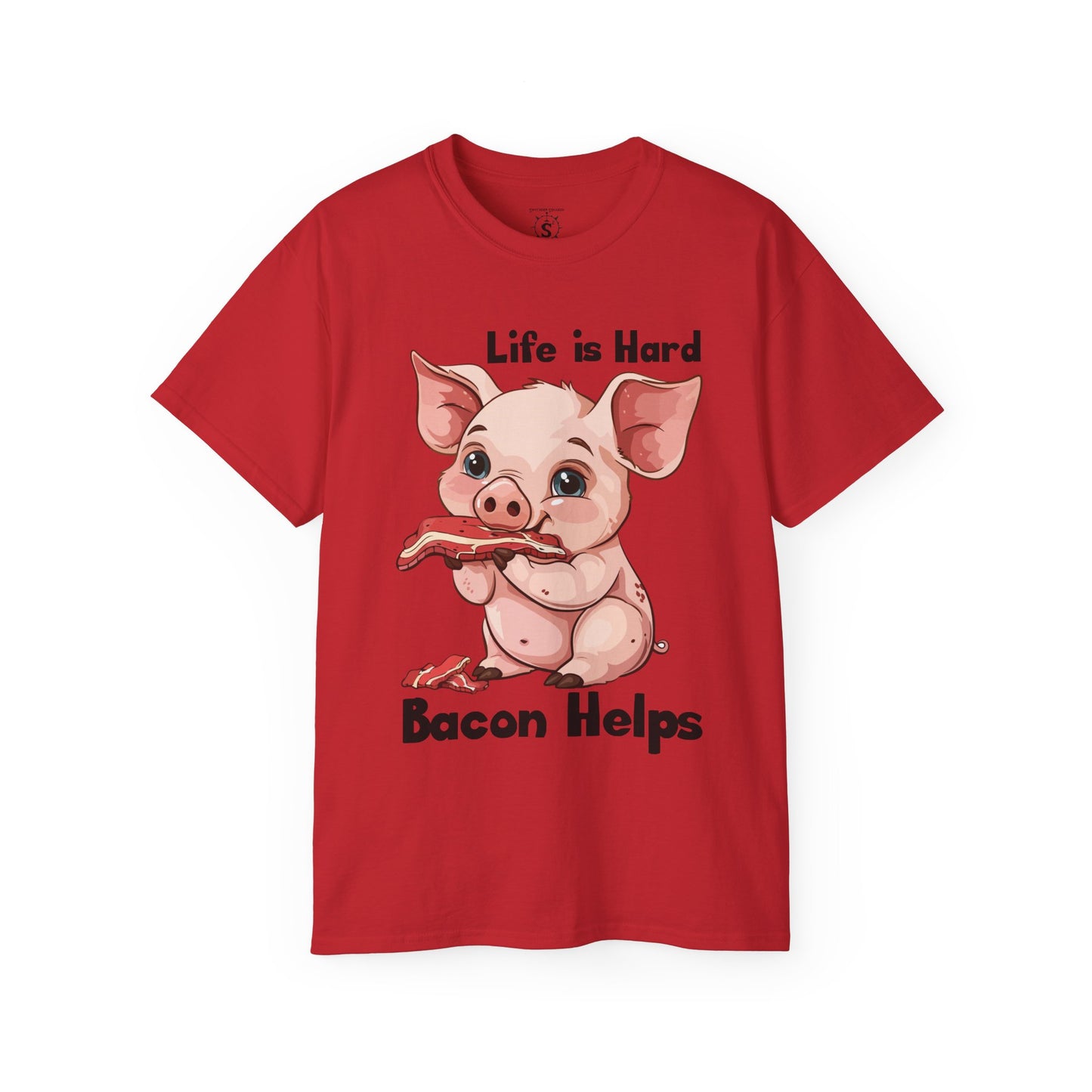T-Shirt - Pig Eating Bacon: Life is Hard, Bacon Helps - Unisex Cotton Shirt