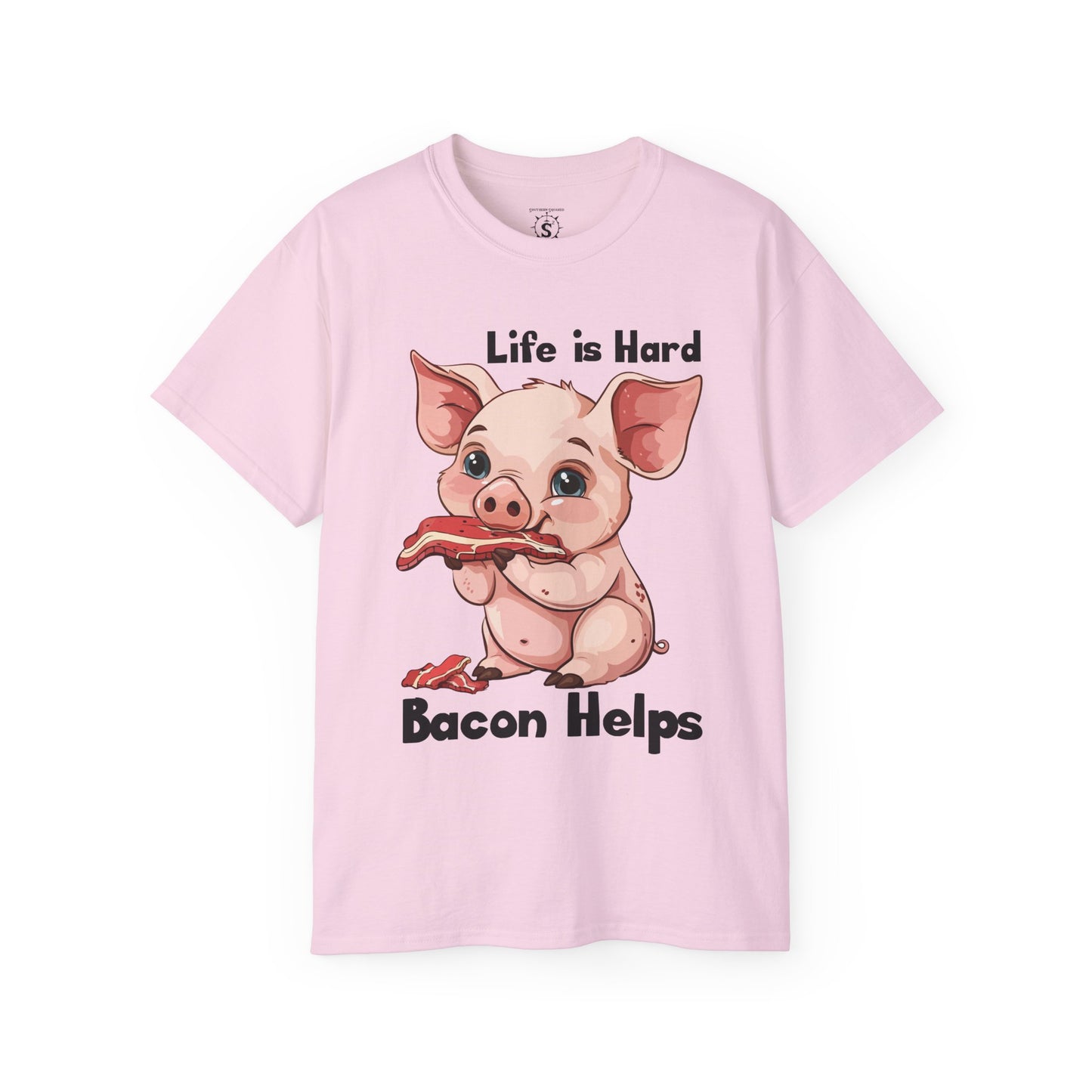 T-Shirt - Pig Eating Bacon: Life is Hard, Bacon Helps - Unisex Cotton Shirt