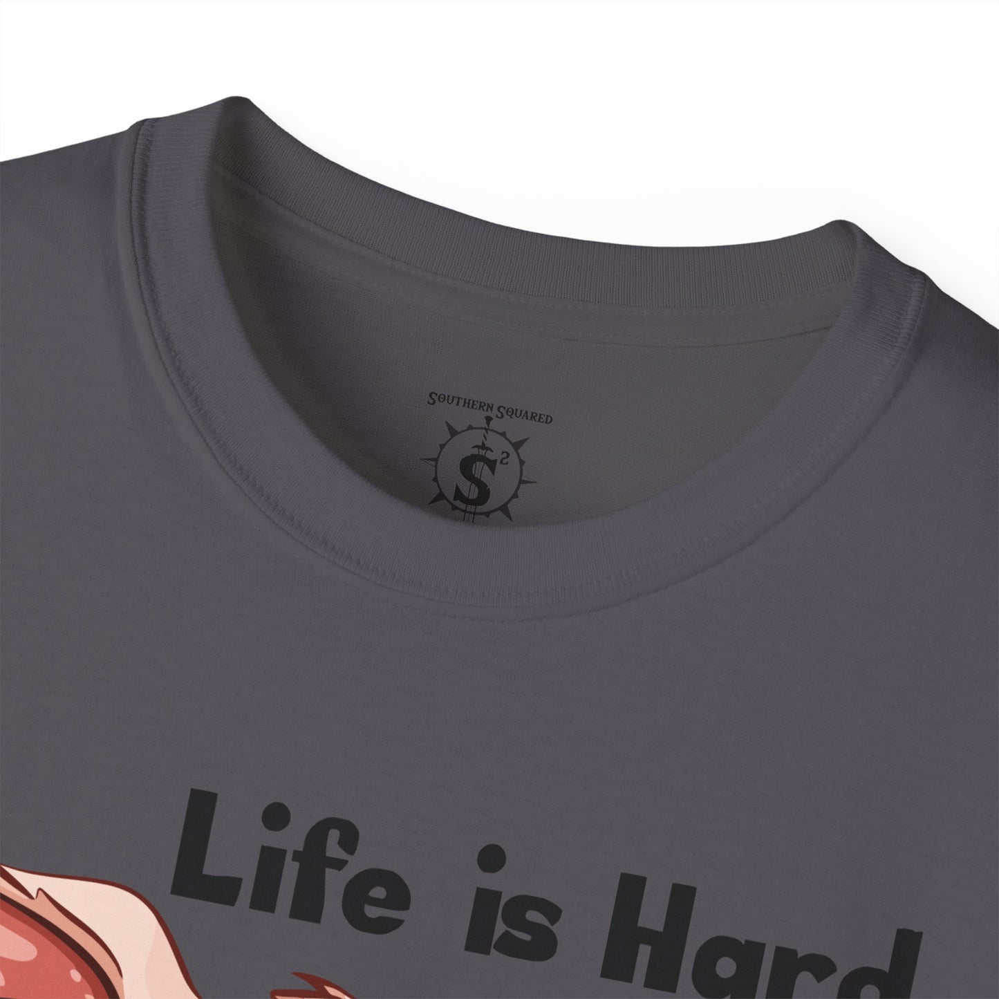 T-Shirt - Pig Eating Bacon: Life is Hard, Bacon Helps - Unisex Cotton Shirt