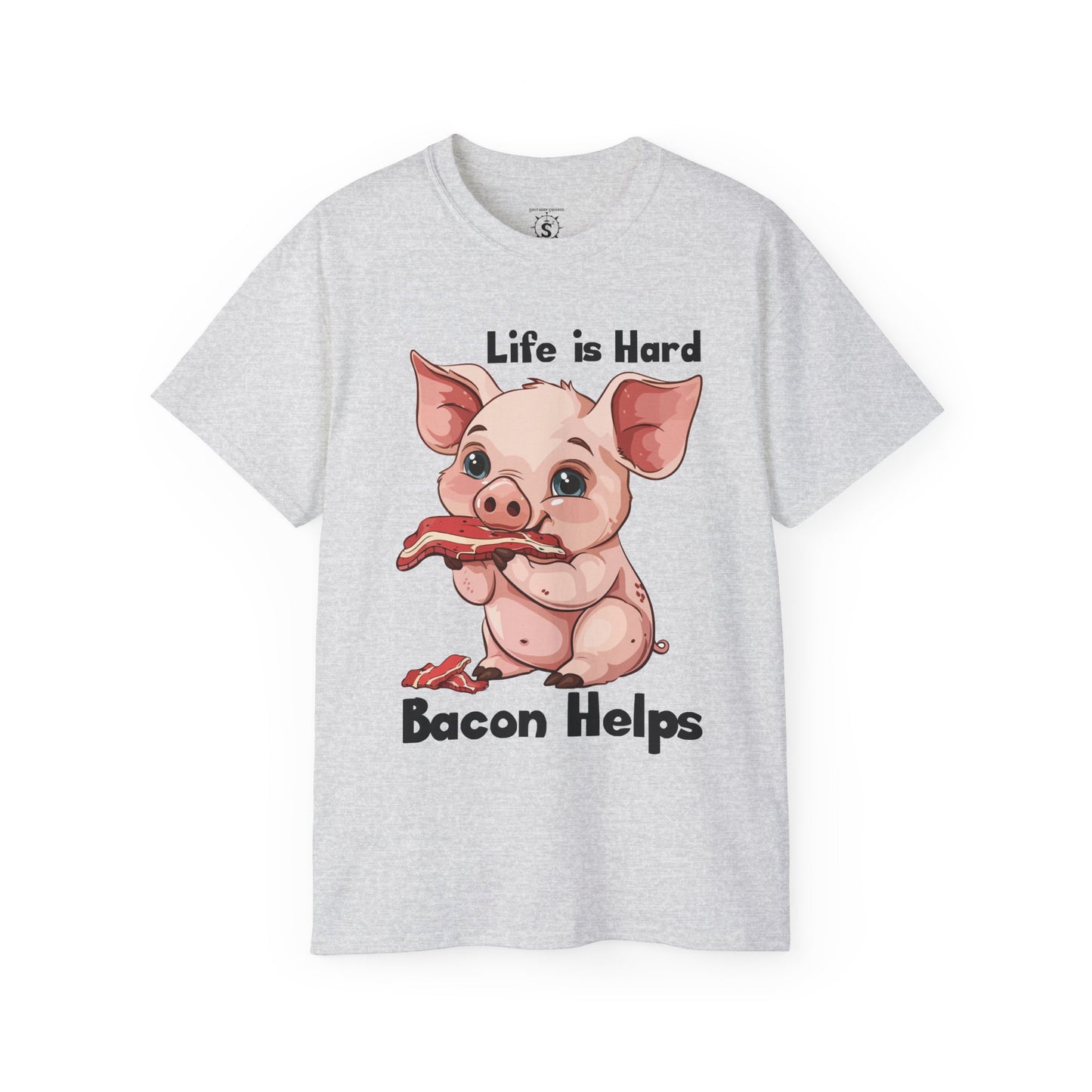 T-Shirt - Pig Eating Bacon: Life is Hard, Bacon Helps - Unisex Cotton Shirt