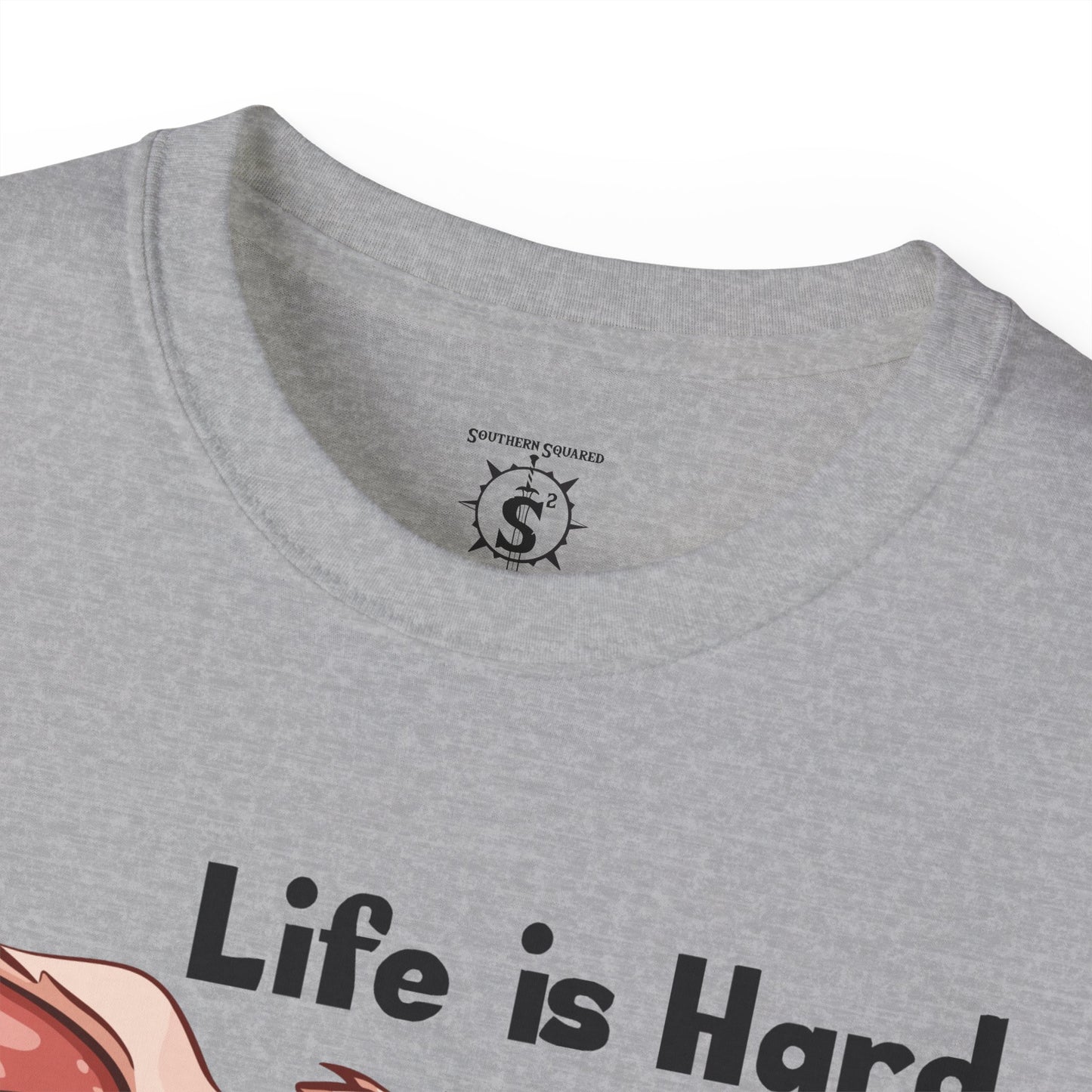 T-Shirt - Pig Eating Bacon: Life is Hard, Bacon Helps - Unisex Cotton Shirt