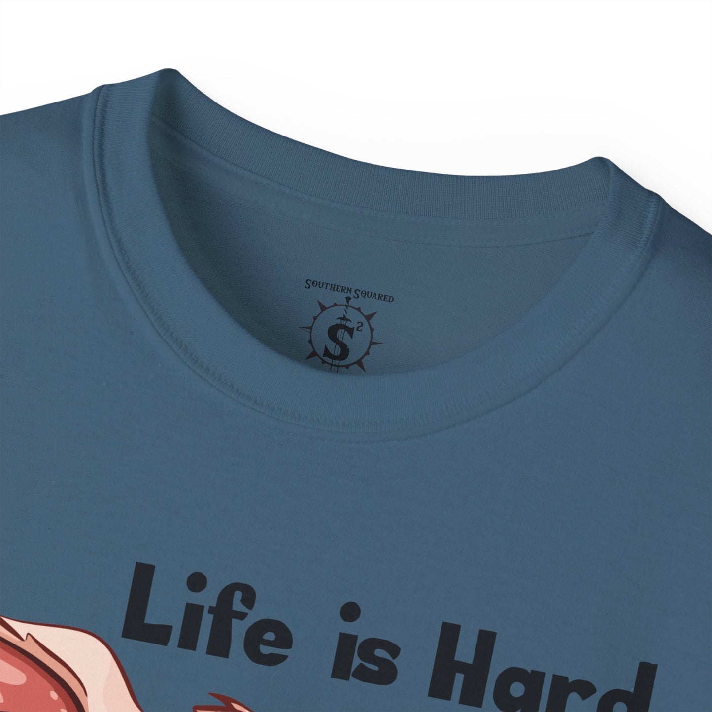 T-Shirt - Pig Eating Bacon: Life is Hard, Bacon Helps - Unisex Cotton Shirt