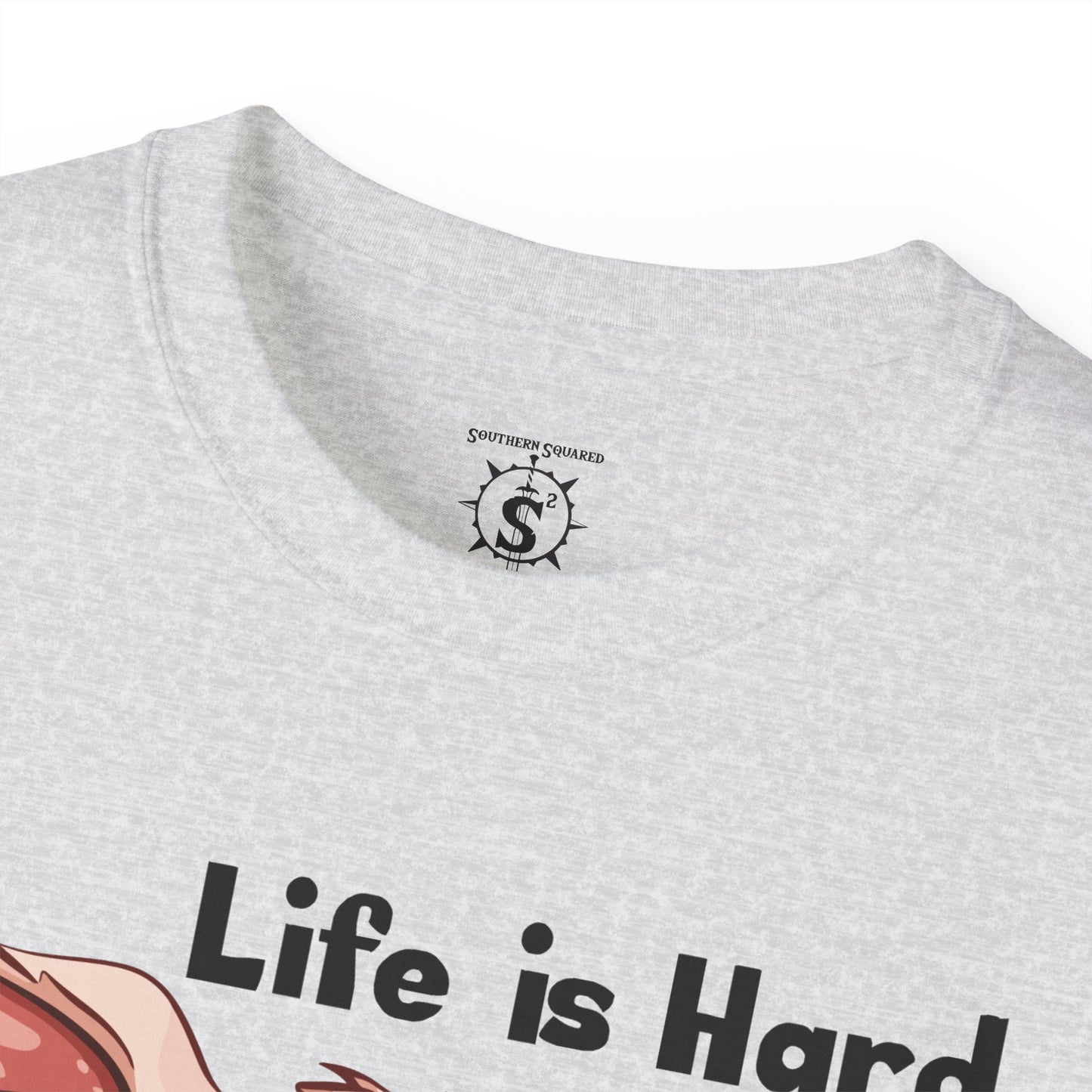 T-Shirt - Pig Eating Bacon: Life is Hard, Bacon Helps - Unisex Cotton Shirt
