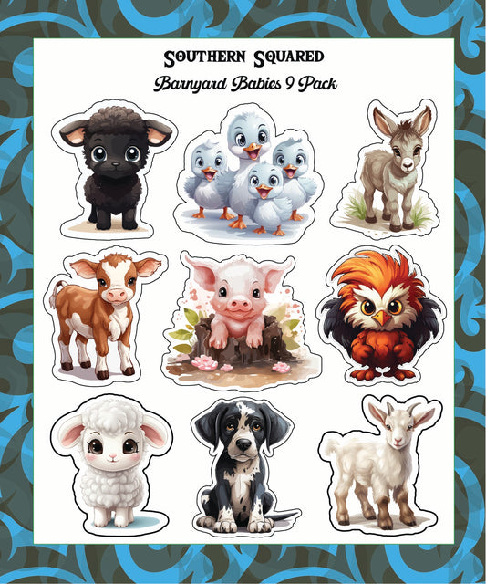 Sticker: The Adorables (Barnyard Babies Sticker Pack-Black and White Lamb, Goslings, Donkey, Calf, Pig, Rooster, Great Dane, Goat)