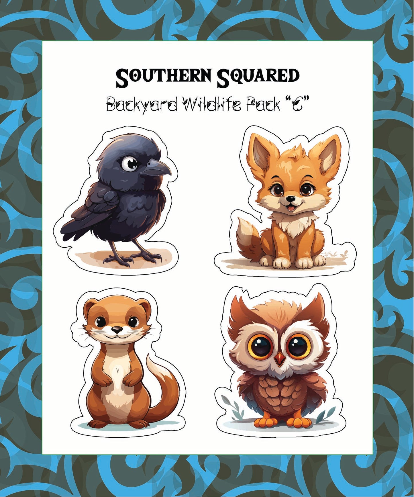Sticker: The Adorables (Backyard Wildlife Sticker Pack-Raven, Coyote, Weasel, Owl)