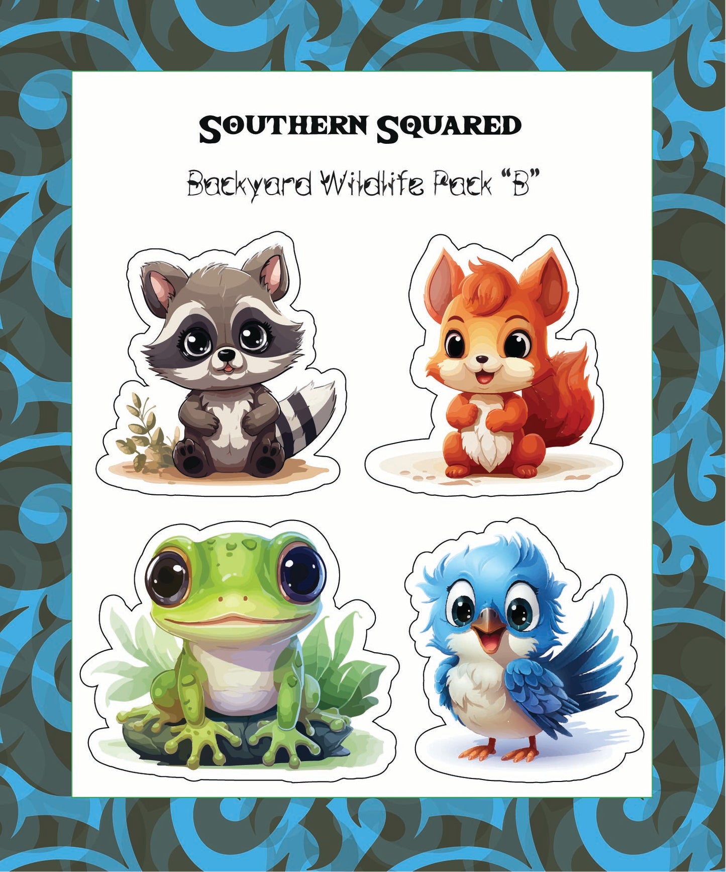 Sticker: The Adorables (Backyard Wildlife Sticker Pack-Raccoon, Fox, Frog, Bluejay)